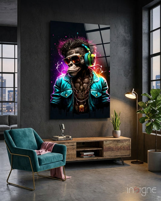 Feel the Music glass wall art displayed above a console in a teen den