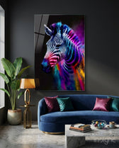 Zebra glass wall art displayed above a sofa in a teen den