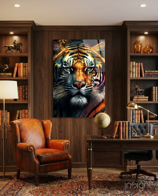 Face of the Tiger glass wall art displayed above a desk in a study