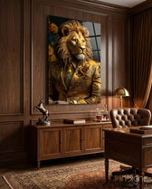 Lion Vogue glass wall art displayed above a sideboard in an executive office