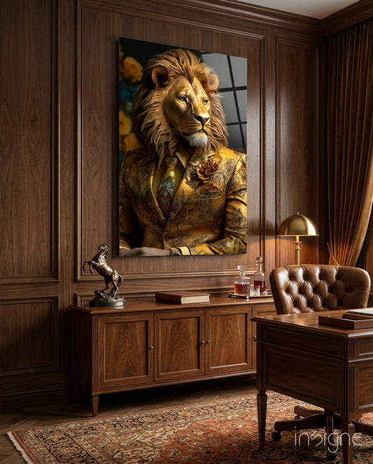 Lion Vogue glass wall art displayed above a sideboard in an executive office