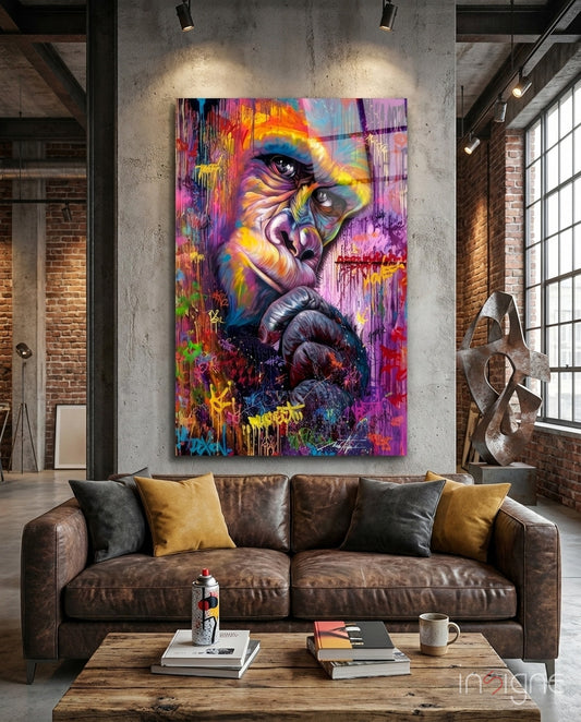 Emotional glass wall art displayed above a leather sofa in a man cave