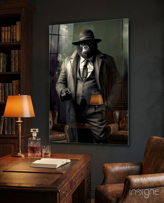 Mr Inspector glass wall art displayed above a desk in a study
