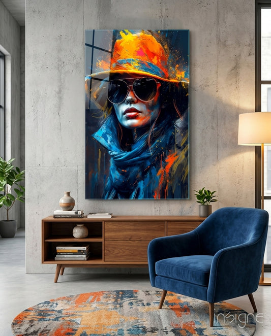 Hat glass wall art displayed above a sideboard in a living room