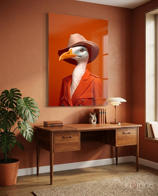 Bird Vogue glass wall art displayed above a sideboard in a living room