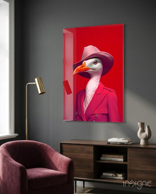 Bird Vogue glass wall art displayed above a sideboard in a living room