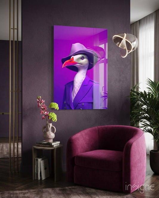 Bird Vogue glass wall art displayed above a sideboard in a living room