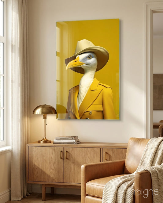 Bird Vogue glass wall art displayed above a sideboard in a living room