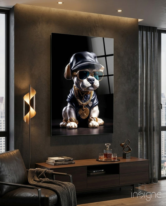 Puppy Vogue glass wall art displayed above a console in a teen den