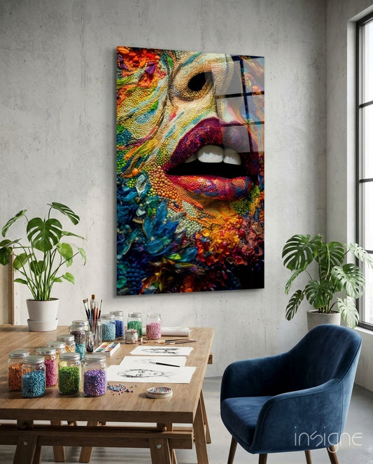 Lips and Flowers glass wall art displayed above a sideboard in a living room