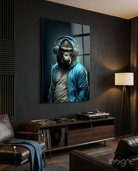 Animal Vogue glass wall art displayed above a turntable in a music room