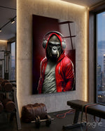 Animal Vogue glass wall art displayed above a bench in a home gym