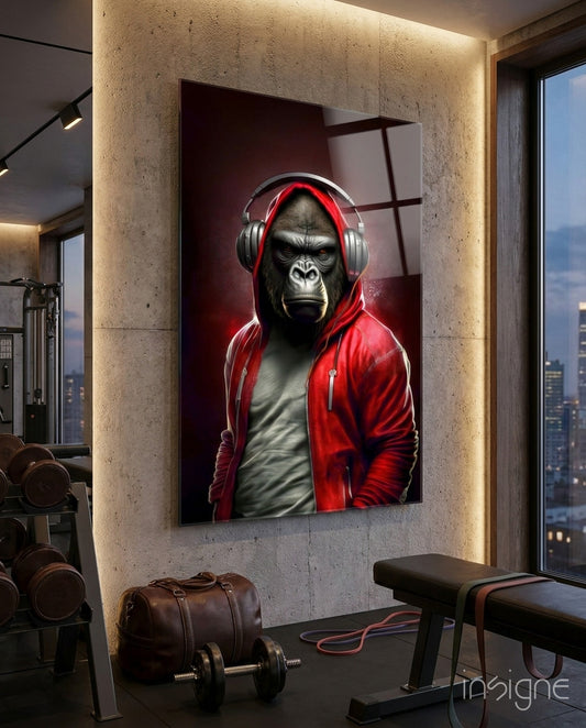 Animal Vogue glass wall art displayed above a bench in a home gym
