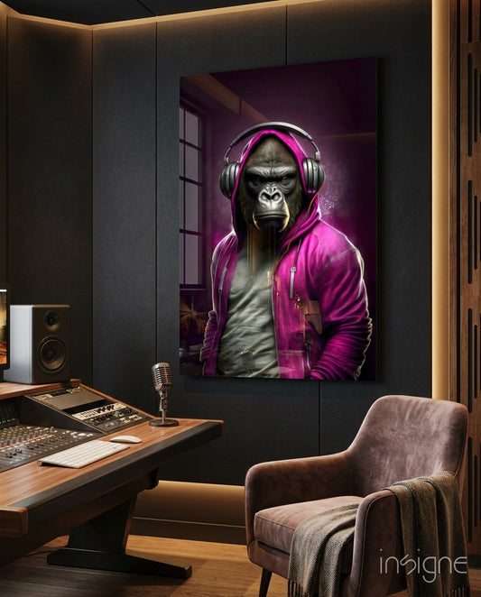 Animal Vogue glass wall art displayed above a console in a music room