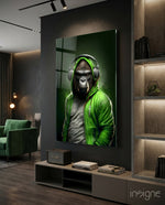 Animal Vogue glass wall art displayed above a console in a music room