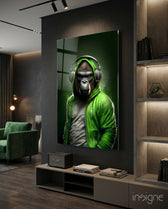 Animal Vogue glass wall art displayed above a console in a music room