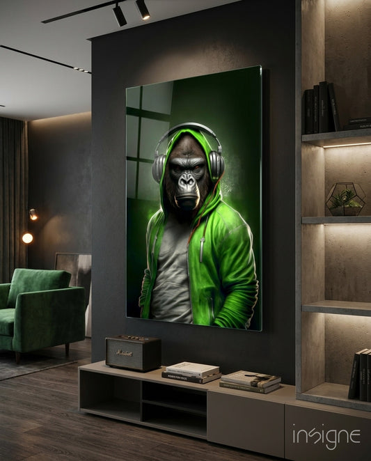 Animal Vogue glass wall art displayed above a console in a music room