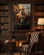 Bulldog in a Suit glass wall art displayed above a fireplace in a library