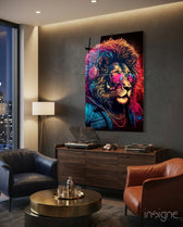 Charismatic glass wall art displayed above a sideboard in a man cave