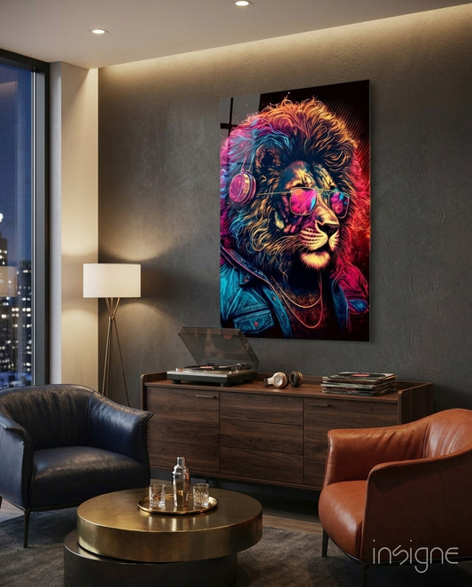 Charismatic glass wall art displayed above a sideboard in a man cave