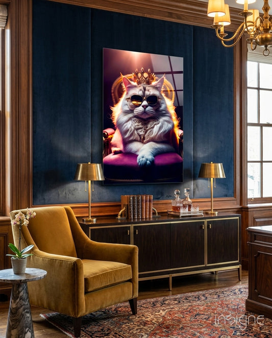 The Queen glass wall art displayed above a sideboard in an executive office