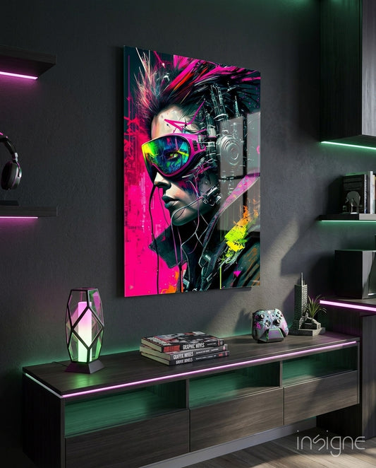 City Music glass wall art displayed above a console in a gaming room
