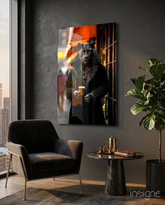 Java the Leopard glass wall art displayed above a sideboard in a coffee bar