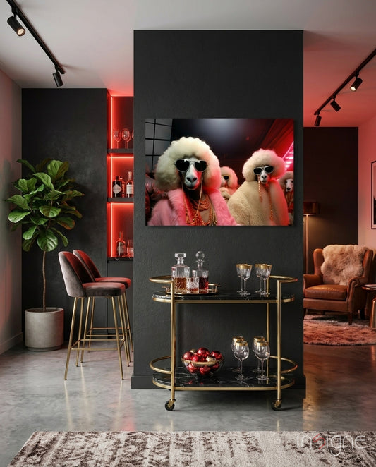 City Music glass wall art displayed above a bar cart in a home bar