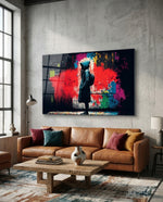 City Music glass wall art displayed above a sofa in a loft