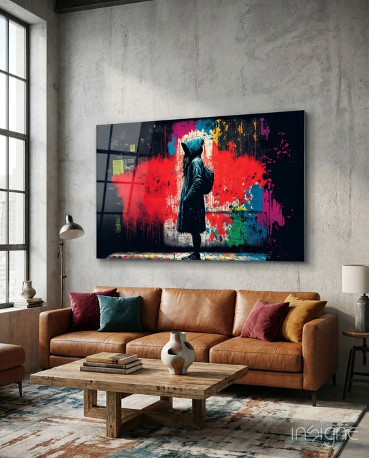 City Music glass wall art displayed above a sofa in a loft