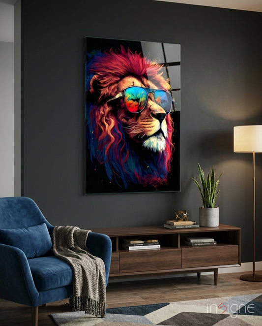 Charismatic glass wall art displayed above a sideboard in a man cave