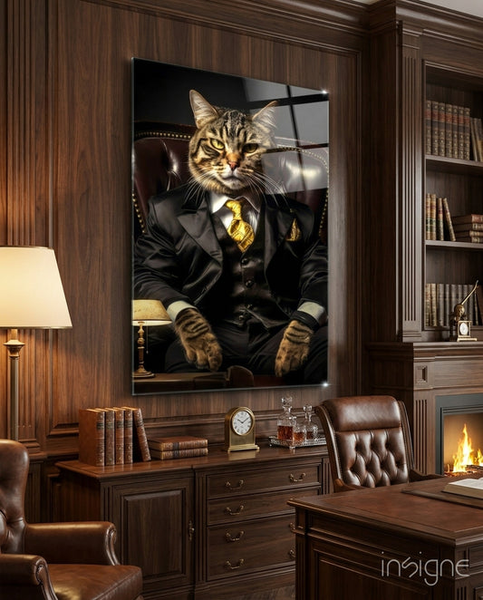 The Boss glass wall art displayed above a desk in a study