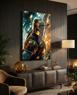 Mandalorian glass wall art displayed above a sideboard in a man cave