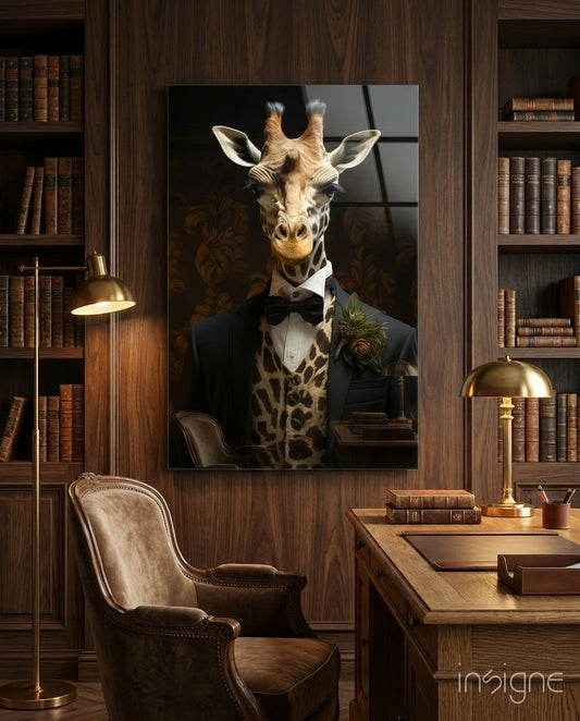 Gentleman glass wall art displayed above a desk in a study
