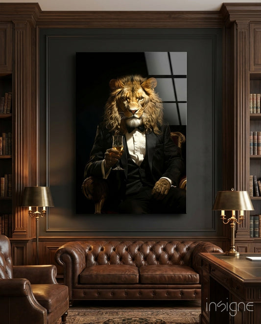 Gentleman glass wall art displayed above a leather sofa in a library