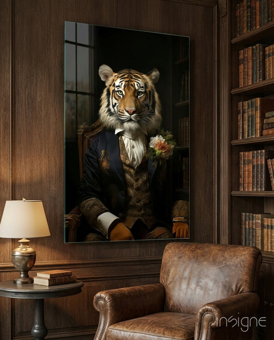 Gentleman glass wall art displayed above a desk in a study