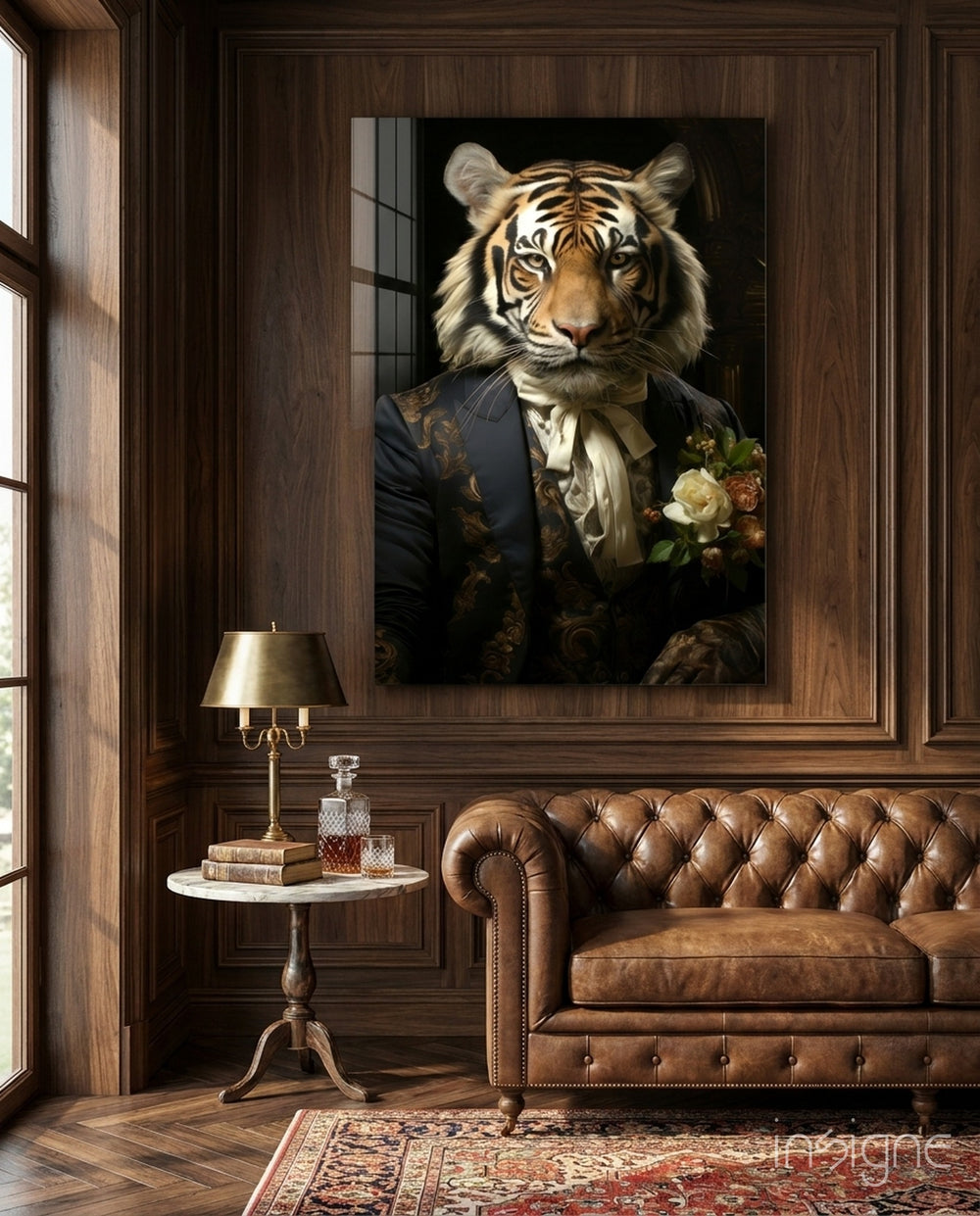 Gentleman glass wall art displayed above a sofa in a library