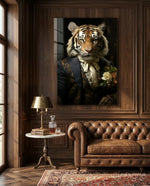 Gentleman glass wall art displayed above a sofa in a library