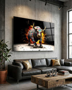 Bull glass wall art displayed above a leather sofa in a man cave
