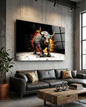 Bull glass wall art displayed above a leather sofa in a man cave