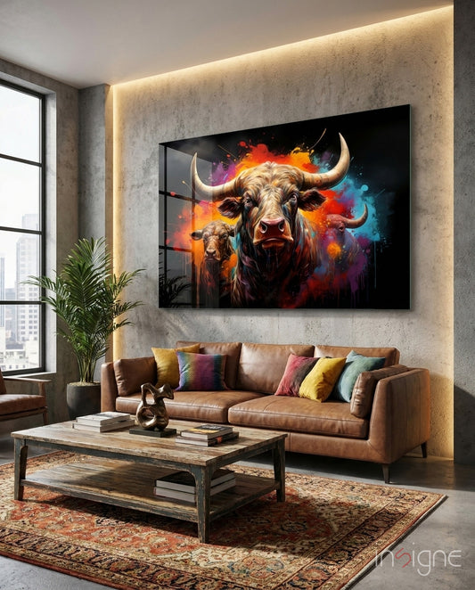 Bull glass wall art displayed above a sofa in a man cave
