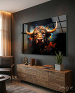 Bull glass wall art displayed above a sideboard in a man cave