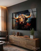 Bull glass wall art displayed above a sideboard in a man cave