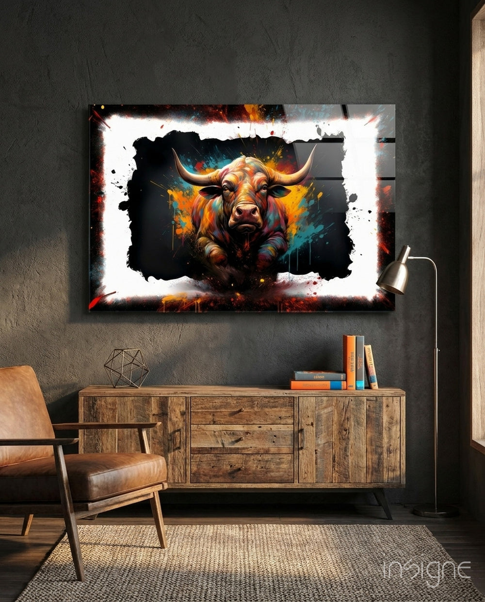 Bull glass wall art displayed above a sideboard in a man cave