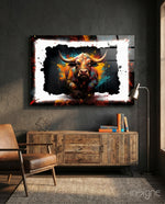 Bull glass wall art displayed above a sideboard in a man cave