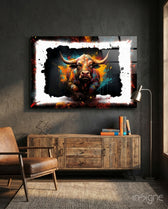 Bull glass wall art displayed above a sideboard in a man cave
