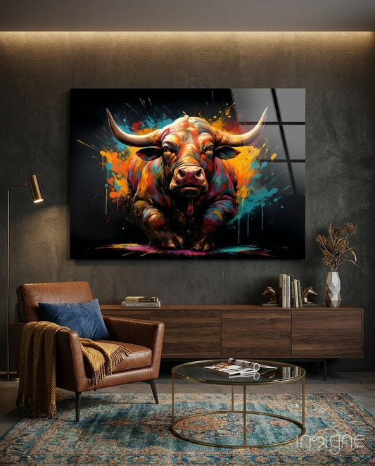 Bull glass wall art displayed above a sideboard in a man cave