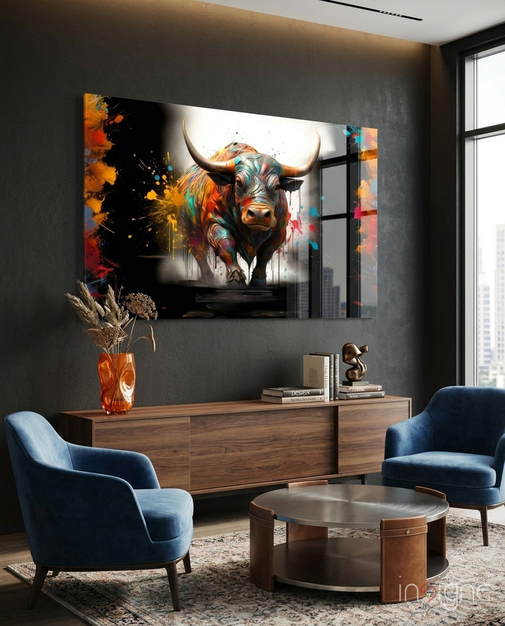 Bull glass wall art displayed above a sideboard in a man cave