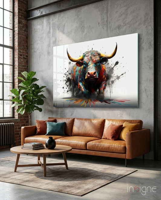 Bull glass wall art displayed above a leather sofa in a loft