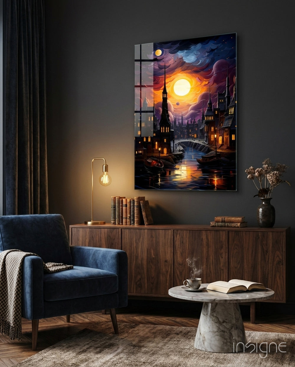 Moonlight glass wall art displayed above a sideboard in a child's room